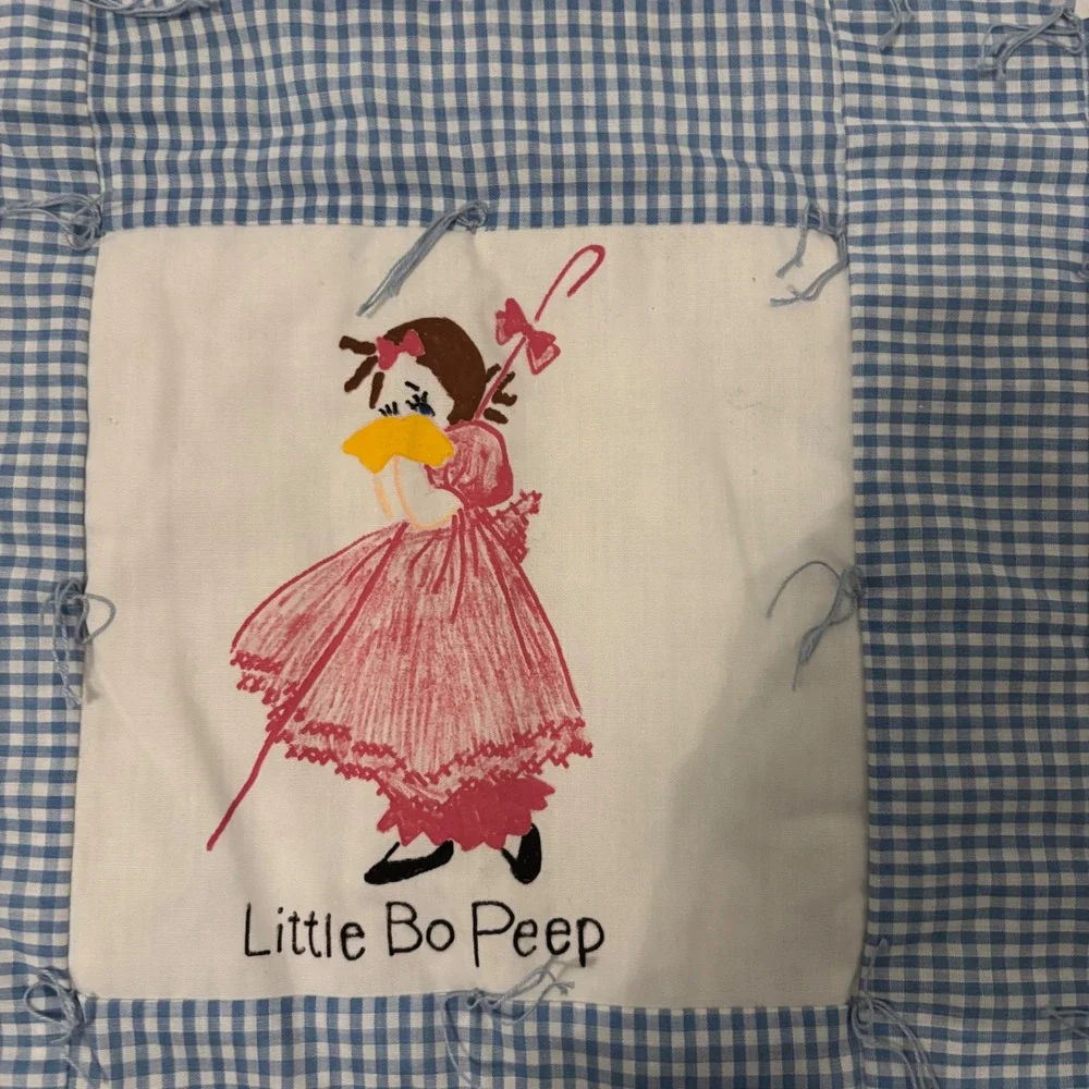 Vintage Nursery Rhyme Crib Quilt Hand Painted Gingham Blue White 12 Panel